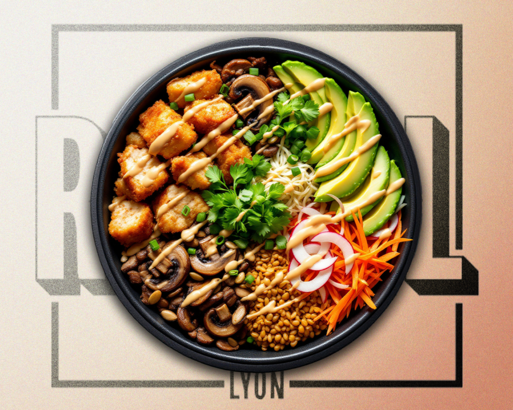 Poké bowl Protéiné avec poulet teriyaki et crispy, avocat, champignons, radis, carottes et lentilles – Régal Lyon