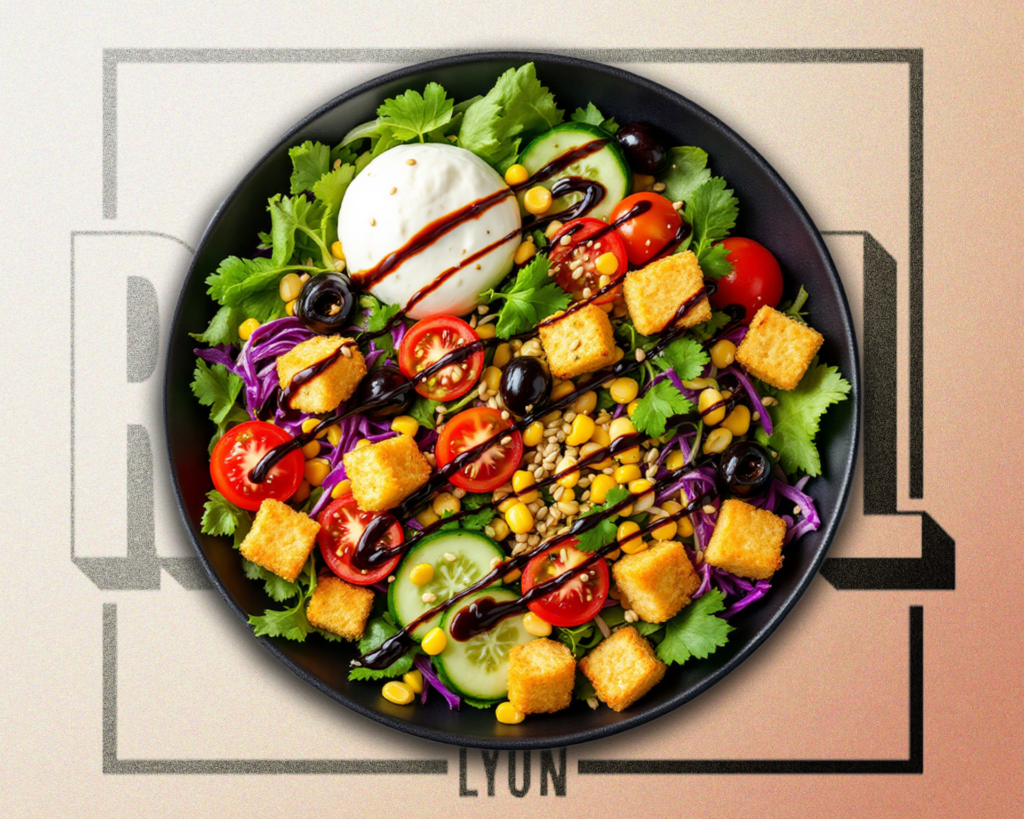 Salade Caprese avec burratina crémeuse, tomates cerises, concombre, maïs, croûtons à l’ail, chou rouge, olives noires et coriandre – Régal Lyon (Perrache, Lyon 3, Lyon 9), disponible en commande à emporter.