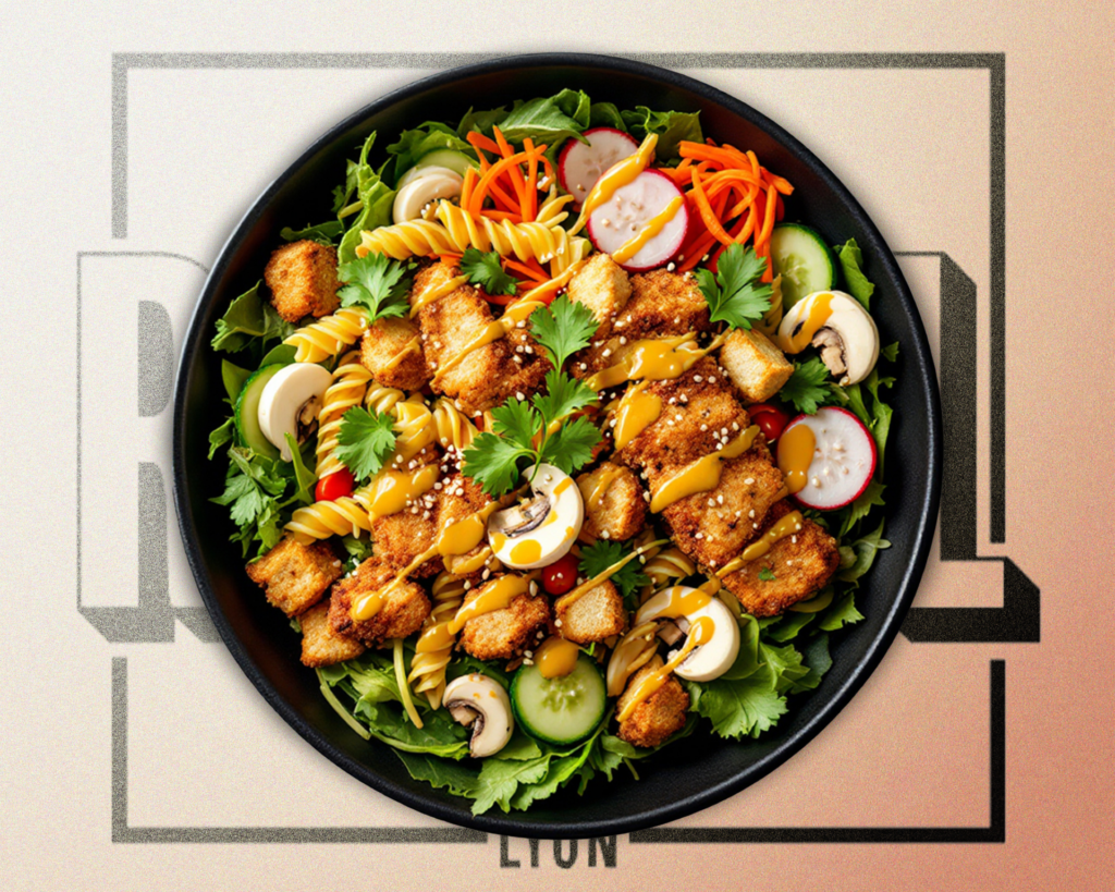 Alt text : "Salade croquante avec roquette, pâtes, poulet crispy, champignons, carottes râpées, croûtons, radis, concombre, oignon frit et coriandre – Régal Lyon (Perrache, Lyon 3, Lyon 9