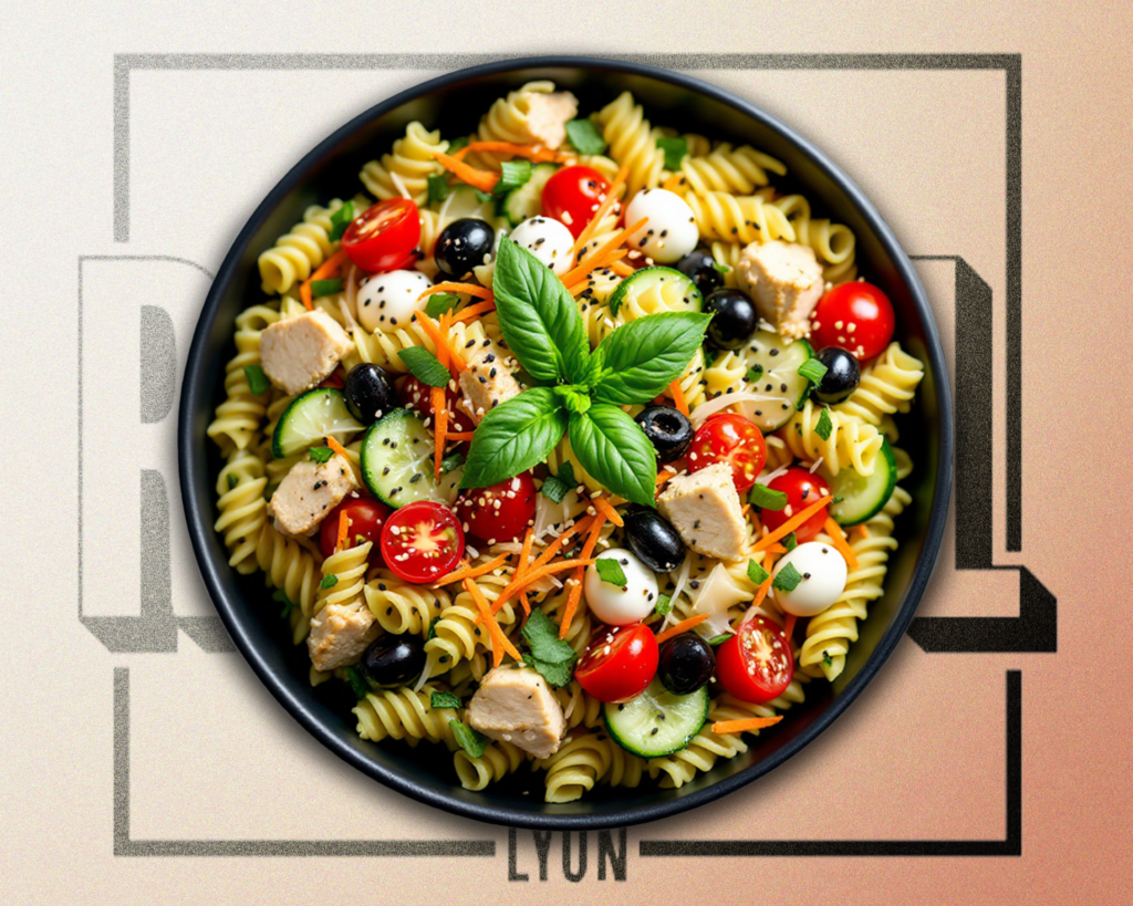 Salade italienne avec pâtes, poulet, tomates cerises, mozzarella, olives noires, concombre, carottes râpées et parmesan – Régal Lyon (Perrache, Lyon 3, Lyon 9), disponible en commande à emporter.
