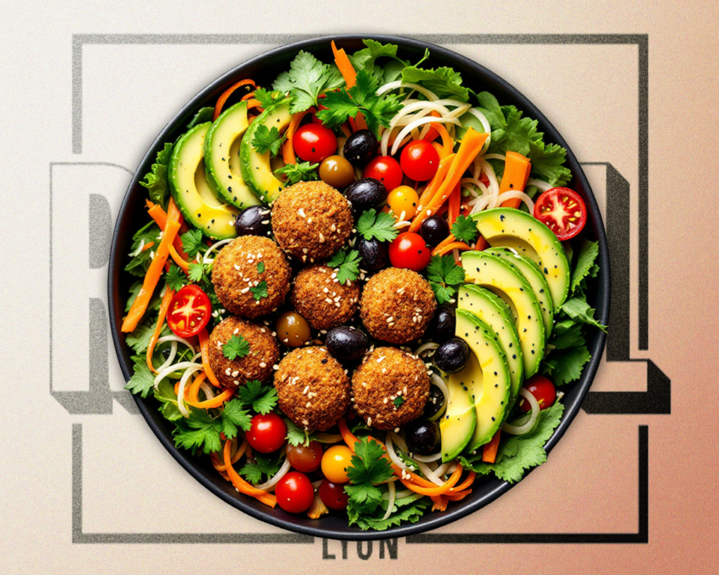 Salade végé avec falafels, avocat, concombre, tomates cerises, poivrons marinés, carottes râpées, olives et coriandre – Régal Lyon (Perrache, Lyon 3, Lyon 9), disponible en commande à emporter.